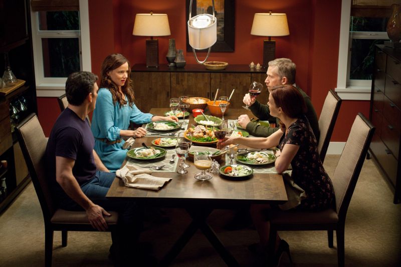WAYWARD PINES:  Ethan (Matt Dillon, L) and Beverly (Juliette Lewis, second from L) have dinner with Kate (Carla Gugino, R) and Harold (Reed Diamond, second from R) in the "Don't  Discuss Your Life Before" episode of WAYWARD PINES airing Thursday, May 21 (9:00-10:00 PM ET/PT) on FOX.  ©2015 Fox Broadcasting Co.  Cr:  Liane Hentscher/FOX