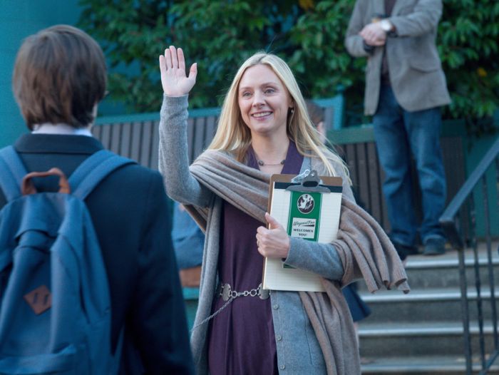 WAYWARD PINES:  Megan Fisher (guest star Hope Davis, R) welcomes Ben (Charlie Tahan, L) on his first day of school  in the "One of Our Senior Realtors Has Chosen to Retire" episode of WAYWARD PINES airing Thursday, June 4 (9:00-10:00 PM ET/PT) on FOX.  ©2015 Fox Broadcasting Co.  Cr:  Liane Hentscher/FOX