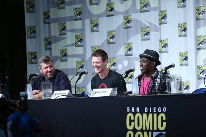 COMIC-CON INTERNATIONAL: SAN DIEGO 2015 -- "The Player" Panel & Red Carpet -- Pictured: (l-r) John Rogers, Executive Producer, Writer; Philip Winchester, Wesley Snipes, Thursday, July 9, 2015, from San Diego Convention Center, San Diego, Calif. -- (Photo by: Mark Davis/NBC)