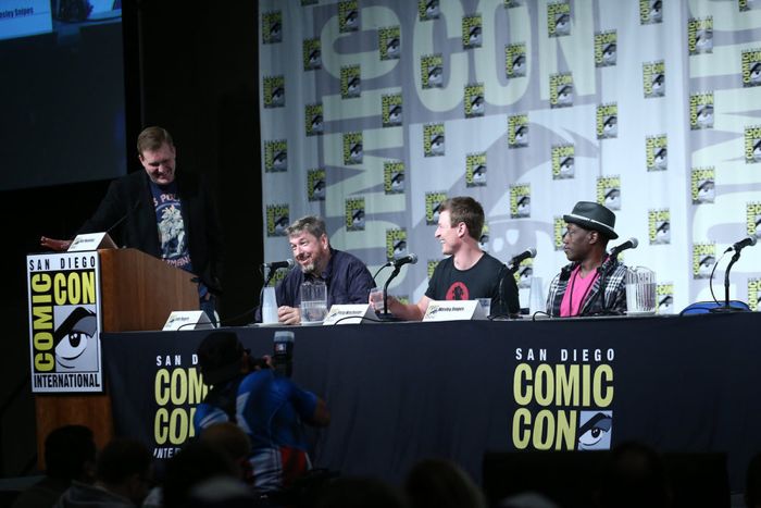 COMIC-CON INTERNATIONAL: SAN DIEGO 2015 -- "The Player" Panel & Red Carpet -- Pictured: (l-r) Rob Moynihan, Moderator, TV Guide; John Rogers, Executive Producer, Writer; Philip Winchester, Wesley Snipes, Thursday, July 9, 2015, from San Diego Convention Center, San Diego, Calif. -- (Photo by: Mark Davis/NBC)