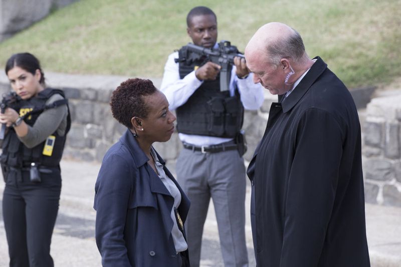 BLINDSPOT -- "Split The Law" Episode 105 -- Pictured: (l-r) Marianne Jean-Baptiste as Bethany Mayfair, Michael Gastin as Thomas Carter -- (Photo by: Paul Sarkis/NBC)