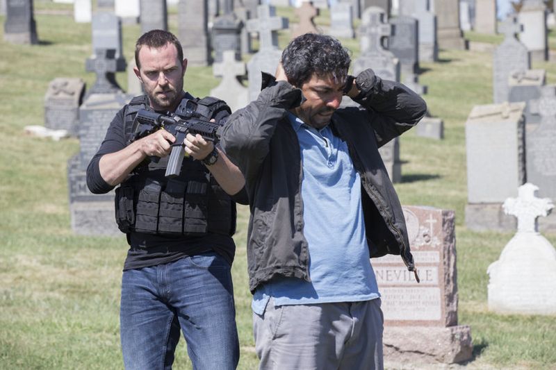BLINDSPOT -- "Split The Law" Episode 105 -- Pictured: (l-r) Sullivan Stapleton as Kurt Weller, Ayman Samman as Dodi -- (Photo by: Paul Sarkis/NBC)