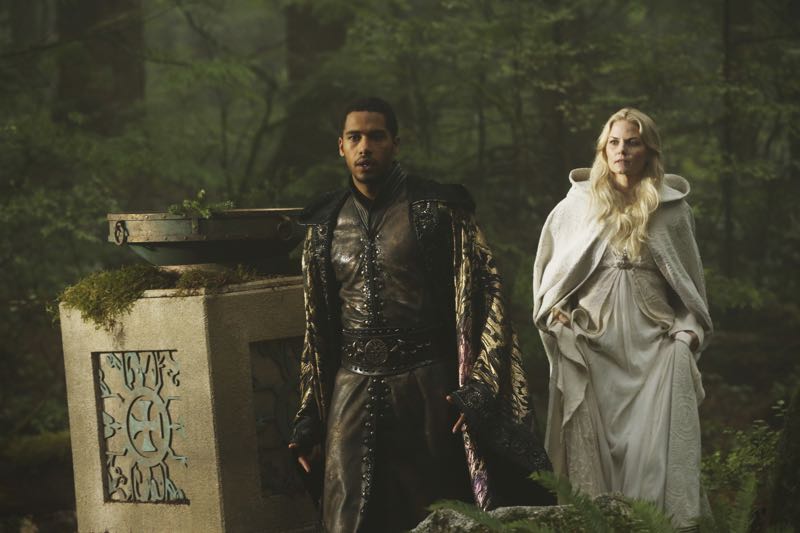 ONCE UPON A TIME - "Nimue" - In Camelot, Merlin spearheads a mission to reunite the dagger with Excalibur so he can use the weapon to save Emma from the darkness threatening her soul. With Zelena in tow, Hook, Mary Margaret, David, Regina and Robin steal into Arthur's castle to take the broken sword from the maniacal king. Meanwhile, Merlin brings Emma along on a journey to confront his ancient nemesis and retrieve the sacred spark he'll need to reforge Excalibur. Both parties are tested, but one suffers a blow that could derail the entire operation. In a flashback to long before the Age of Arthur, young Merlin finds purpose after he is blessed with magic and immortality, but when he falls in love with a young refugee named Nimue, everything changes for Merlin, as their romance starts a chain of events that touches every one of our present day heroes, on "Once Upon a Time," SUNDAY, NOVEMBER 8 (8:00-9:00 p.m., ET) on the ABC Television Network. (ABC/Jack Rowand) ELLIOT KNIGHT, JENNIFER MORRISON