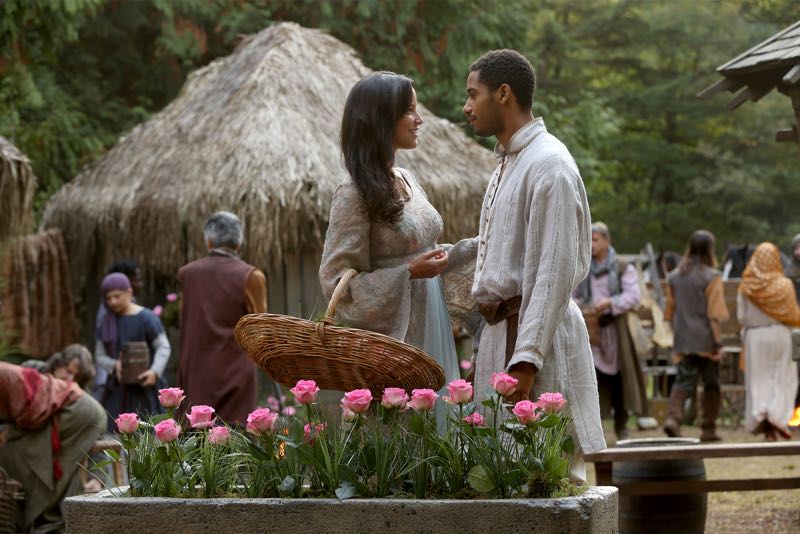 ONCE UPON A TIME - "Nimue" - In Camelot, Merlin spearheads a mission to reunite the dagger with Excalibur so he can use the weapon to save Emma from the darkness threatening her soul. With Zelena in tow, Hook, Mary Margaret, David, Regina and Robin steal into Arthur's castle to take the broken sword from the maniacal king. Meanwhile, Merlin brings Emma along on a journey to confront his ancient nemesis and retrieve the sacred spark he'll need to reforge Excalibur. Both parties are tested, but one suffers a blow that could derail the entire operation. In a flashback to long before the Age of Arthur, young Merlin finds purpose after he is blessed with magic and immortality, but when he falls in love with a young refugee named Nimue, everything changes for Merlin, as their romance starts a chain of events that touches every one of our present day heroes, on "Once Upon a Time," SUNDAY, NOVEMBER 8 (8:00-9:00 p.m., ET) on the ABC Television Network. (ABC/Jack Rowand) CAROLINE FORD, ELLIOT KNIGHT