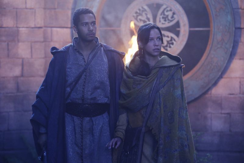 ONCE UPON A TIME - "Nimue" - In Camelot, Merlin spearheads a mission to reunite the dagger with Excalibur so he can use the weapon to save Emma from the darkness threatening her soul. With Zelena in tow, Hook, Mary Margaret, David, Regina and Robin steal into Arthur's castle to take the broken sword from the maniacal king. Meanwhile, Merlin brings Emma along on a journey to confront his ancient nemesis and retrieve the sacred spark he'll need to reforge Excalibur. Both parties are tested, but one suffers a blow that could derail the entire operation. In a flashback to long before the Age of Arthur, young Merlin finds purpose after he is blessed with magic and immortality, but when he falls in love with a young refugee named Nimue, everything changes for Merlin, as their romance starts a chain of events that touches every one of our present day heroes, on "Once Upon a Time," SUNDAY, NOVEMBER 8 (8:00-9:00 p.m., ET) on the ABC Television Network. (ABC/Jack Rowand) ELLIOT KNIGHT, CAROLINE FORD