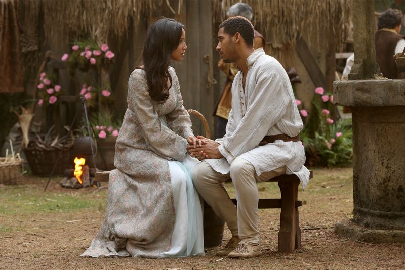 ONCE UPON A TIME - "Nimue" - In Camelot, Merlin spearheads a mission to reunite the dagger with Excalibur so he can use the weapon to save Emma from the darkness threatening her soul. With Zelena in tow, Hook, Mary Margaret, David, Regina and Robin steal into Arthur's castle to take the broken sword from the maniacal king. Meanwhile, Merlin brings Emma along on a journey to confront his ancient nemesis and retrieve the sacred spark he'll need to reforge Excalibur. Both parties are tested, but one suffers a blow that could derail the entire operation. In a flashback to long before the Age of Arthur, young Merlin finds purpose after he is blessed with magic and immortality, but when he falls in love with a young refugee named Nimue, everything changes for Merlin, as their romance starts a chain of events that touches every one of our present day heroes, on "Once Upon a Time," SUNDAY, NOVEMBER 8 (8:00-9:00 p.m., ET) on the ABC Television Network. (ABC/Jack Rowand) CAROLINE FORD, ELLIOT KNIGHT