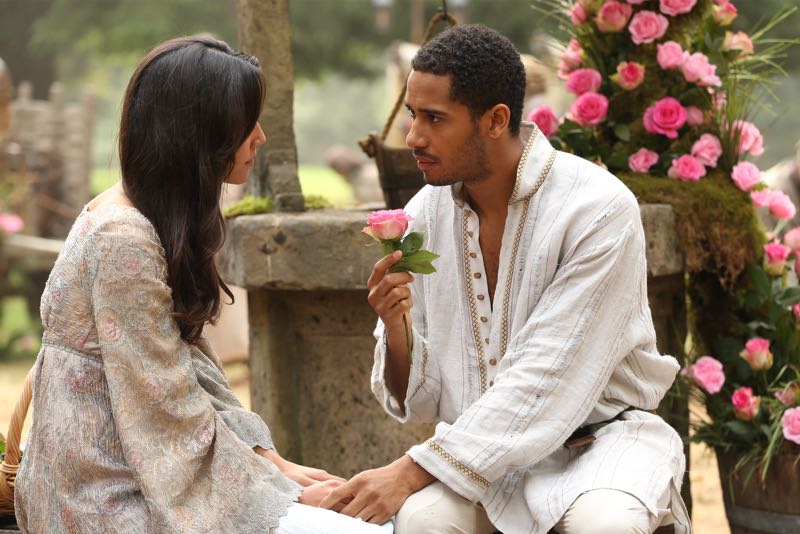 ONCE UPON A TIME - "Nimue" - In Camelot, Merlin spearheads a mission to reunite the dagger with Excalibur so he can use the weapon to save Emma from the darkness threatening her soul. With Zelena in tow, Hook, Mary Margaret, David, Regina and Robin steal into Arthur's castle to take the broken sword from the maniacal king. Meanwhile, Merlin brings Emma along on a journey to confront his ancient nemesis and retrieve the sacred spark he'll need to reforge Excalibur. Both parties are tested, but one suffers a blow that could derail the entire operation. In a flashback to long before the Age of Arthur, young Merlin finds purpose after he is blessed with magic and immortality, but when he falls in love with a young refugee named Nimue, everything changes for Merlin, as their romance starts a chain of events that touches every one of our present day heroes, on "Once Upon a Time," SUNDAY, NOVEMBER 8 (8:00-9:00 p.m., ET) on the ABC Television Network. (ABC/Jack Rowand) CAROLINE FORD, ELLIOT KNIGHT