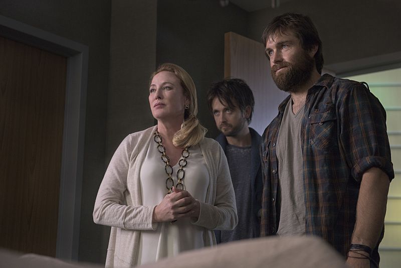 "Arrangement in Grey and Black" - A prominent Boston family reels in the wake of the chilling discovery that someone in their midst is linked to an infamous string of murders, on the series premiere of  "American Gothic," Tuesday, June 22 (10:00-11:00PM, ET/PT), on the CBS Television Network.  Juliet Rylance, Antony Starr, Virginia Madsen, Justin Chatwin, Megan Ketch, Elliot Knight, Stephanie Leonidas and Gabriel Bateman star.  Pictured: Madeline Hawthorne (Virginia Madsen), Cam Hawthorne (Justin Chatwin)  and Garrett Hawthorne (Antony Starr) visit Mitchell in the hospital.   Photo: Christos Kalohoridis/CBS ÃÂ©2016 CBS Broadcasting, Inc. All Rights Reserved.
