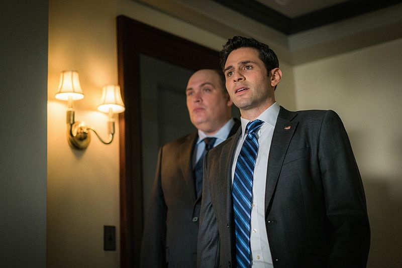 "Goring Oxes: How You Can Survive the War on Government Through Five Easy Steps" -- When a bizarre and deadly incident takes place on live television, Agent Onofrio's (Charlie Semine) investigation into it causes Laurel, Gustav and Rochelle to dig deeper into the bug mystery. Also, Luke attempts to cover up his affair with his Chief of Staff, Scarlett (Paige Patterson), before his opponent for the minority whip position, Senator Ella Poundstone (Jan Maxwell), can make it public, on BRAINDEAD, Monday, June 27 (9:59-11:00 PM, ET/PT), on the CBS Television Network. Pictured (L-R) Glenn Fleshler as  Glenn Fleshler and Charlie Semine as Anthony Onofrio  Photo: Michael Parmelee /CBS ÃÂ©2016 CBS Broadcasting, Inc. All Rights Reserved