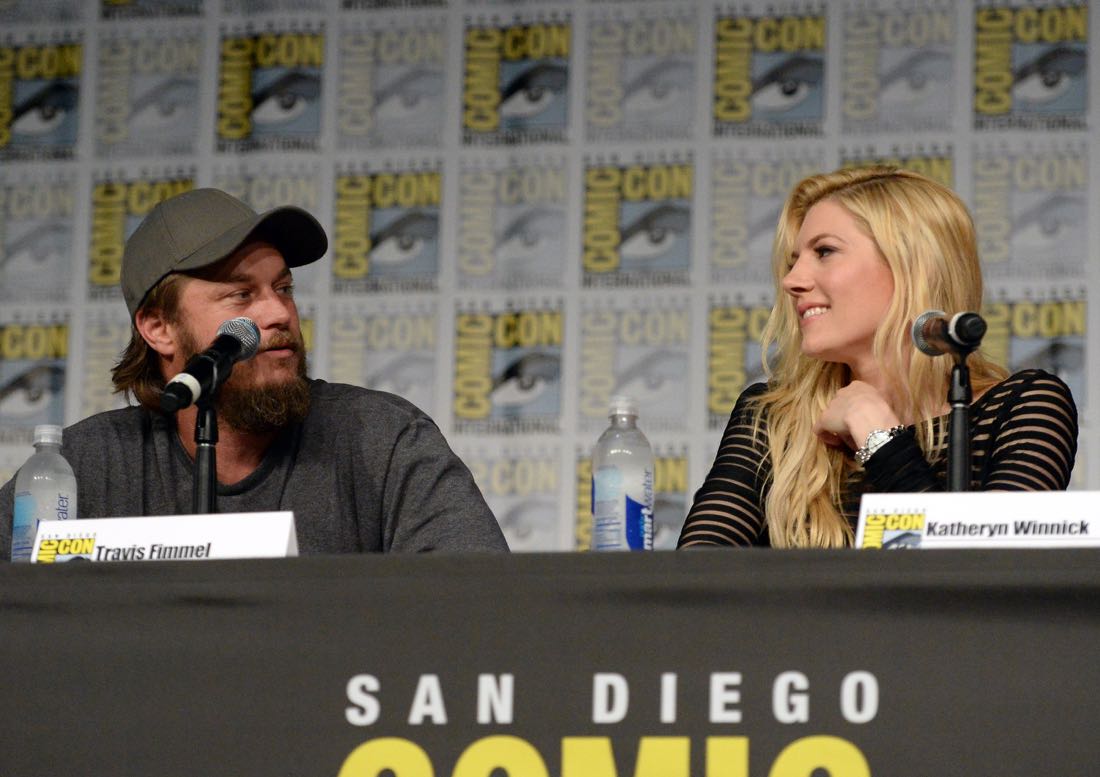 SAN DIEGO, CA - JULY 22: Actors Travis Fimmel (L) and Jessalyn Gilsig attend the "Vikings" panel during Comic-Con International 2016 at San Diego Convention Center on July 22, 2016 in San Diego, California. (Photo by Charley Gallay/Getty Images for HISTORY )