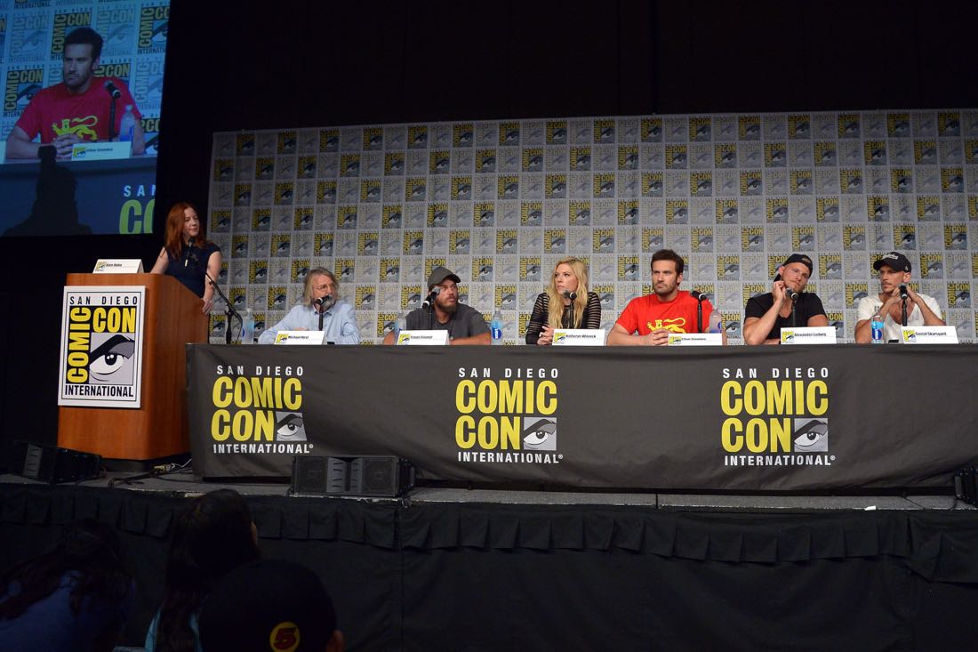 SAN DIEGO, CA - JULY 22: Writer/executive producer Michael Hirst, actors Travis Fimmel, Katheryn Winnick, Clive Standen, Alexander Ludwig, Gustaf Skarsgard attend the "Vikings" panel during Comic-Con International 2016 at San Diego Convention Center on July 22, 2016 in San Diego, California. (Photo by Charley Gallay/Getty Images for HISTORY )