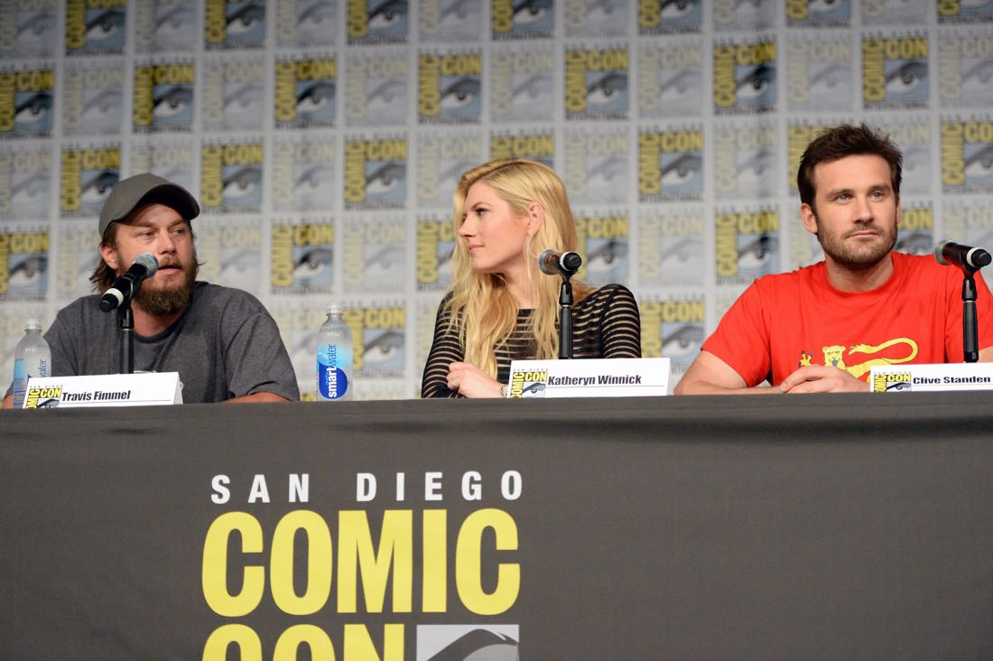 SAN DIEGO, CA - JULY 22: (L-R) Actors Travis Fimmel, Katheryn Winnick and Clive Standen attend the "Vikings" panel during Comic-Con International 2016 at San Diego Convention Center on July 22, 2016 in San Diego, California. (Photo by Charley Gallay/Getty Images for HISTORY )