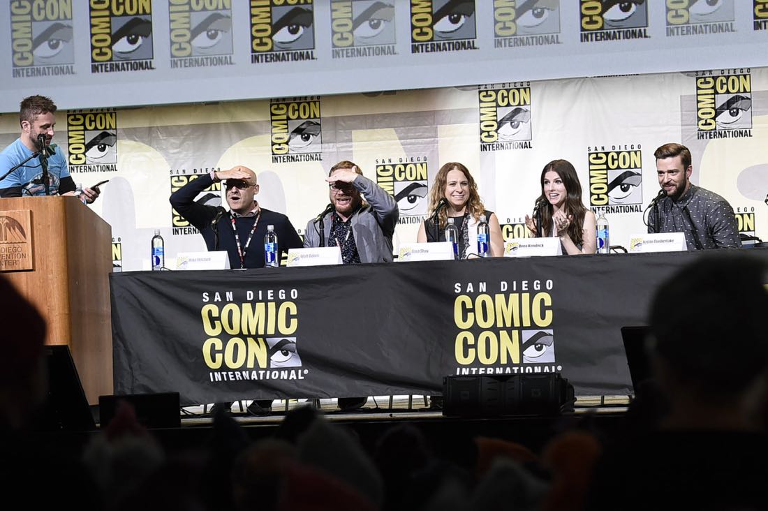 TROLLS filmmakers and voice actors at DreamWorks Animation's Comic Con Hall H Panel. (from left) Moderator Chris Hardwick, Director Mike Mitchell, Co-Director Walt Dorn, Producer Gina Shay, Anna Kendrick, and Justin Timberlake.