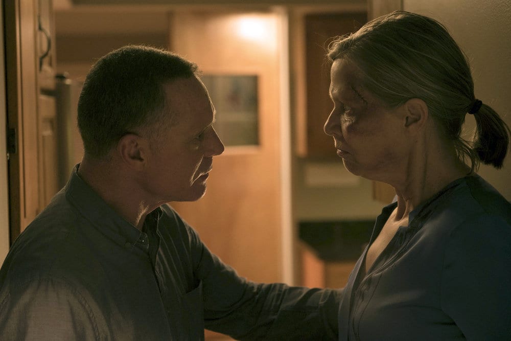 CHICAGO P.D. -- "All Cylinders Firing" Episode 403 -- Pictured: (l-r) Jason Beghe as Hank Voight, Amy Morton as Trudy Platt -- (Photo by: Jean Whiteside/NBC)
