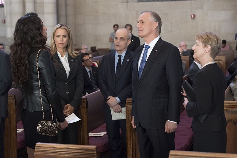 "The Linchpin"-- When Algeria is on the brink of a civil war, Elizabeth delicately negotiates a regime change, but those plans go awry after Roy Curtis (Dakin Matthews), the trusted U.S. Ambassador to Algeria, dies unexpectedly. Also, Henry fights to save religious antiquities in Algeria when he discovers they are being destroyed by Hizb al-Shahid, and the McCord children get their own security detail after Jason's hacked computer, on MADAM SECRETARY, Sunday, Oct 16, 2016 (9:00-10:00 PM, ET/PT) on the CBS Television Network. Pictured L-R: Nazanin Nour as Salima Tengour, TÃÂ©a Leoni as Elizabeth McCord, Zeljko Ivanek as Russell Jackson, Keith Carradine as President Conrad Dalton, and Pippa Pearthree as Mary Curtis Photo: David M. Russell/CBS ÃÂ©2016 CBS Broadcasting, Inc. All Rights Reserved