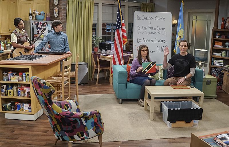 The Veracity Elasticity" -- Pictured: Ken McNickle, Howard Wolowitz (Simon Helberg), Amy Farrah Fowler (Mayim Bialik) and Sheldon Cooper (Jim Parsons). In order to continue living with Sheldon, Amy lies to him about repairs being made to her apartment and they host an "on location" episode of "Fun With Flags" in Penny's apartment. Also, Leonard lets Penny decorate Sheldon's old room after he learns that she has been secretly moving Leonard's collectibles into storage, on THE BIG BANG THEORY, Thursday, Nov. 3 (8:00-8:31 PM, ET/PT), on the CBS Television Network. Photo: Monty Brinton/CBS ÃÂ©2016 CBS Broadcasting, Inc. All Rights Reserved.