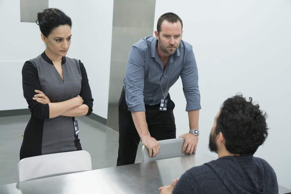 BLINDSPOT -- "Resolves Eleven Myths" Episode 207 -- Pictured: (l-r) Archie Panjabi as Nas Kamal, Sullivan Stapleton as Kurt Weller, Ennis Esmer as RichDot Com -- (Photo by: Virginia Sherwood/NBC)