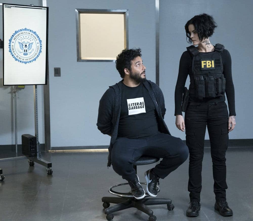BLINDSPOT -- "Resolves Eleven Myths" Episode 207 -- Pictured: (l-r) Ennis Esmer as RichDot Com, Jaimie Alexander as Jane Doe -- (Photo by: Virginia Sherwood/NBC)