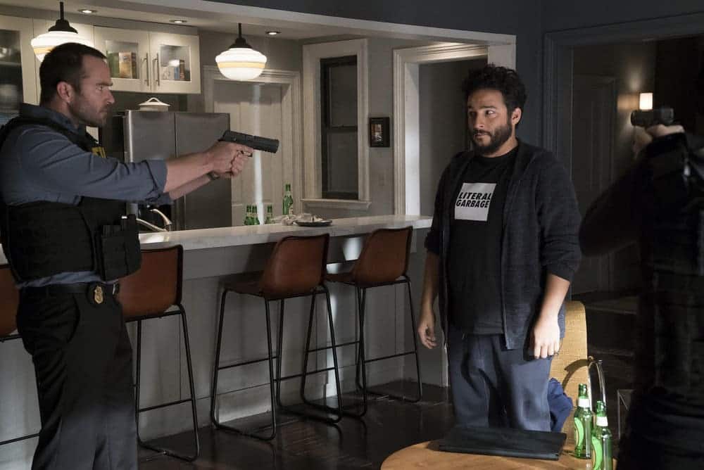 BLINDSPOT -- "Resolves Eleven Myths" Episode 207 -- Pictured: (l-r) Sullivan Stapleton as Kurt Weller, Ennis Esmer as RichDot Com, Jaimie Alexander as Jane Doe -- (Photo by: Virginia Sherwood/NBC)