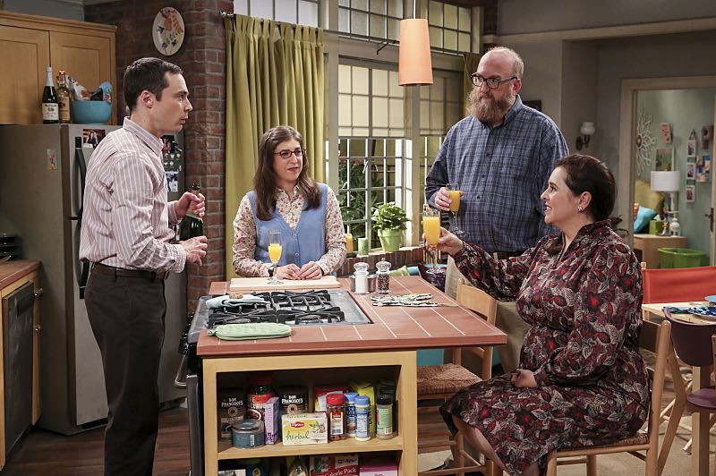 "The Fetal Kick Catalyst" -- Pictured: Sheldon Cooper (Jim Parsons), Amy Farrah Fowler (Mayim Bialik), Mrs. Petrescu (Michelle Arthur) and Bert (Brian Posehn). Penny is surprised to learn she has fans of her performance in "Serial Ape-ist" when she attends Van Nuys Comic Con with Leonard. Also, Amy hosts a Sheldon-style brunch at Penny's apartment and Wolowitz makes an impulsive purchase when he starts stressing out about the baby on the way, when THE BIG BANG THEORY moves to its regular time period, Thursday, Oct. 27 (8:00-8:31 PM, ET/PT), on the CBS Television Network. Photo: Michael Yarish/Warner Bros. Entertainment Inc. ÃÂ© 2016 WBEI. All rights reserved.
