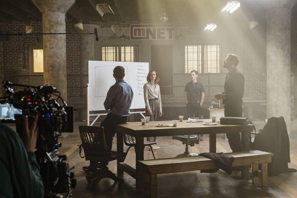 BTS, Kerry Bishe as Donna Clark, Scoot McNairy as Gordon Clark, Mackenzie Davis as Cameron Howe, Lee Pace as Joe MacMillan - Halt and Catch Fire _ Season 3, Episode 10  - Photo Credit: Tina Rowden/AMC