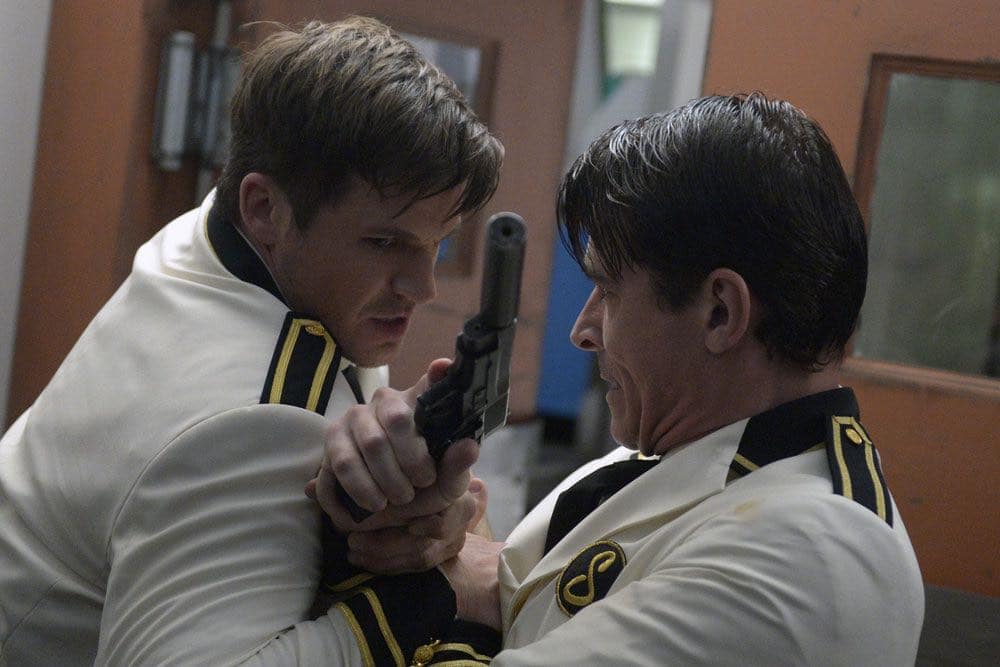 TIMELESS -- "Atomic City" Episode 102 -- Pictured: (l-r) Matt Lanter as Wyatt Logan, Goran Visnjic as Garcia Flynn -- (Photo by: Sergei Bachlakov/NBC)