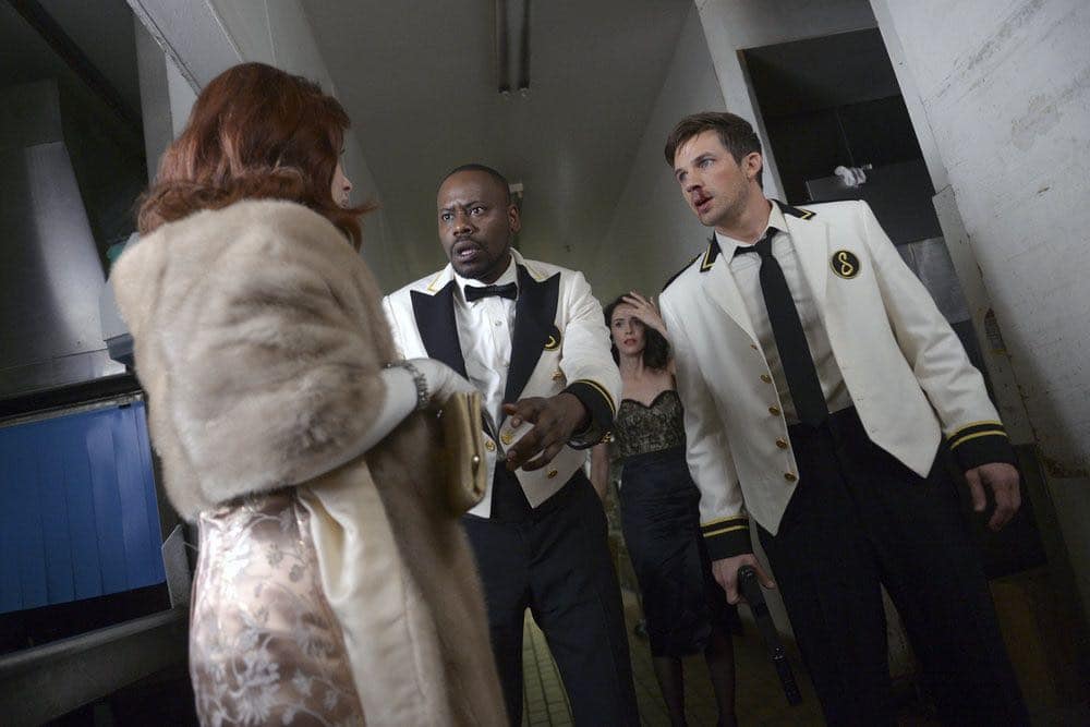 TIMELESS -- "Atomic City" Episode 102 -- Pictured: (l-r) Malcolm Barrett as Rufus Carlin, Abigail Spencer as Lucy Preston, Matt Lanter as Wyatt Logan -- (Photo by: Sergei Bachlakov/NBC)