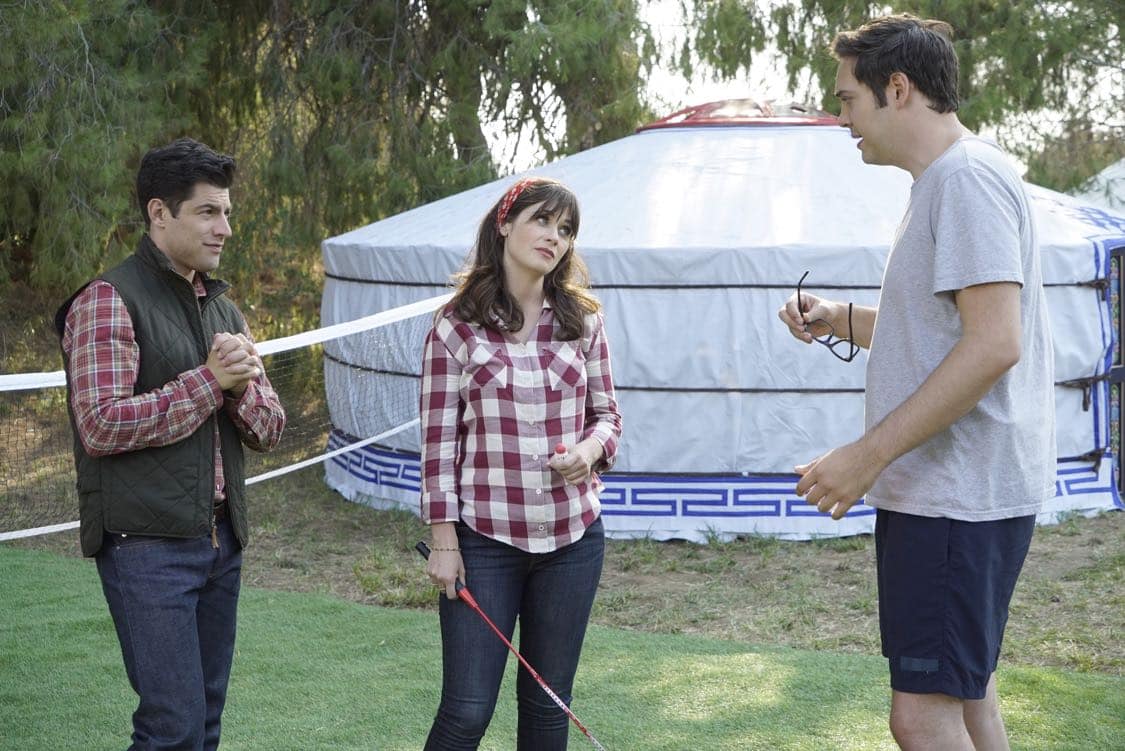 NEW GIRL: L-R: Max Greenfield, Zooey Deschanel and guest star Nelson Franklin in the " Africa or Retractable S'mores Pole" episode of NEW GIRL airing Tuesday, Oct. 4 (8:30-9:00 PM ET/PT) on FOX. ©2016 Fox Broadcasting Co. Cr: Ray Mickshaw/FOX