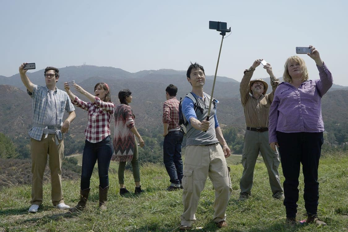 NEW GIRL: L-R: Guest star Nelson Franklin, Zooey Deschanel, Hannah Simone, Max Greenfield, guest star Rob Yang, guest star Curtis Armstrong and guest star Becky Thyre in the " Africa or Retractable S'mores Pole" episode of NEW GIRL airing Tuesday, Oct. 4 (8:30-9:00 PM ET/PT) on FOX. ©2016 Fox Broadcasting Co. Cr: Jennifer Clasen/FOX