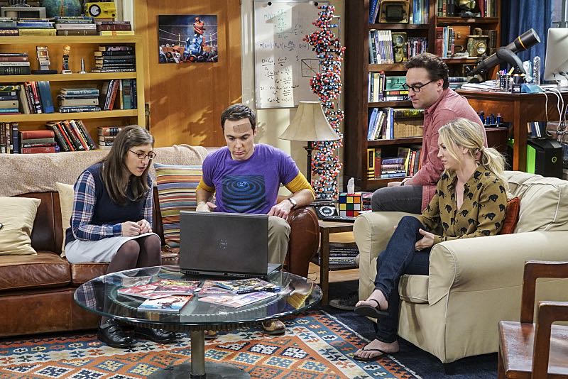 "The Geology Elevation" -- Pictured: Amy Farrah Fowler (Mayim Bialik), Sheldon Cooper (Jim Parsons), Leonard Hofstadter (Johnny Galecki) and Penny (Kaley Cuoco). When Bert (Brian Posehn), a Caltech geologist, wins the MacArthur Genius fellowship, Sheldon is overcome with jealousy. Also, Wolowitz finds an old remote control Stephen Hawking action figure he invented, on THE BIG BANG THEORY, Thursday, Nov. 17 (8:00-8:31 PM, ET/PT), on the CBS Television Network. Stephen Hawking returns to guest star as himself. Photo: Monty Brinton/CBS ÃÂ©2016 CBS Broadcasting, Inc. All Rights Reserved.