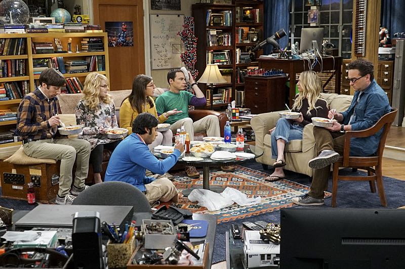 "The Geology Elevation" -- Pictured: Howard Wolowitz (Simon Helberg), Bernadette (Melissa Rauch), Rajesh Koothrappali (Kunal Nayyar), Amy Farrah Fowler (Mayim Bialik), Sheldon Cooper (Jim Parsons), Penny (Kaley Cuoco) and Leonard Hofstadter (Johnny Galecki). When Bert (Brian Posehn), a Caltech geologist, wins the MacArthur Genius fellowship, Sheldon is overcome with jealousy. Also, Wolowitz finds an old remote control Stephen Hawking action figure he invented, on THE BIG BANG THEORY, Thursday, Nov. 17 (8:00-8:31 PM, ET/PT), on the CBS Television Network. Stephen Hawking returns to guest star as himself. Photo: Monty Brinton/CBS ÃÂ©2016 CBS Broadcasting, Inc. All Rights Reserved.