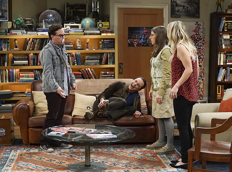 "The Geology Elevation" -- Pictured: Leonard Hofstadter (Johnny Galecki), Sheldon Cooper (Jim Parsons), Amy Farrah Fowler (Mayim Bialik) and Penny (Kaley Cuoco). When Bert (Brian Posehn), a Caltech geologist, wins the MacArthur Genius fellowship, Sheldon is overcome with jealousy. Also, Wolowitz finds an old remote control Stephen Hawking action figure he invented, on THE BIG BANG THEORY, Thursday, Nov. 17 (8:00-8:31 PM, ET/PT), on the CBS Television Network. Stephen Hawking returns to guest star as himself. Photo: Monty Brinton/CBS ÃÂ©2016 CBS Broadcasting, Inc. All Rights Reserved.