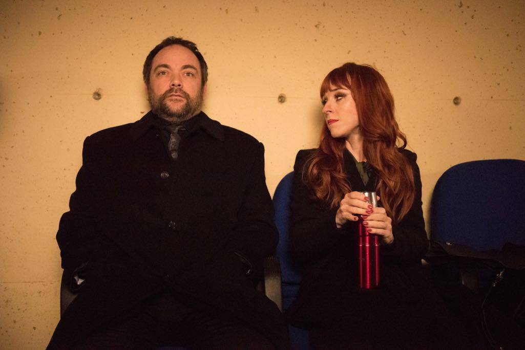 Supernatural --"Family Feud"-- SN1213a_0401.jpg -- Pictured (L-R): Mark Sheppard as Crowley and Ruth Connell as Rowena