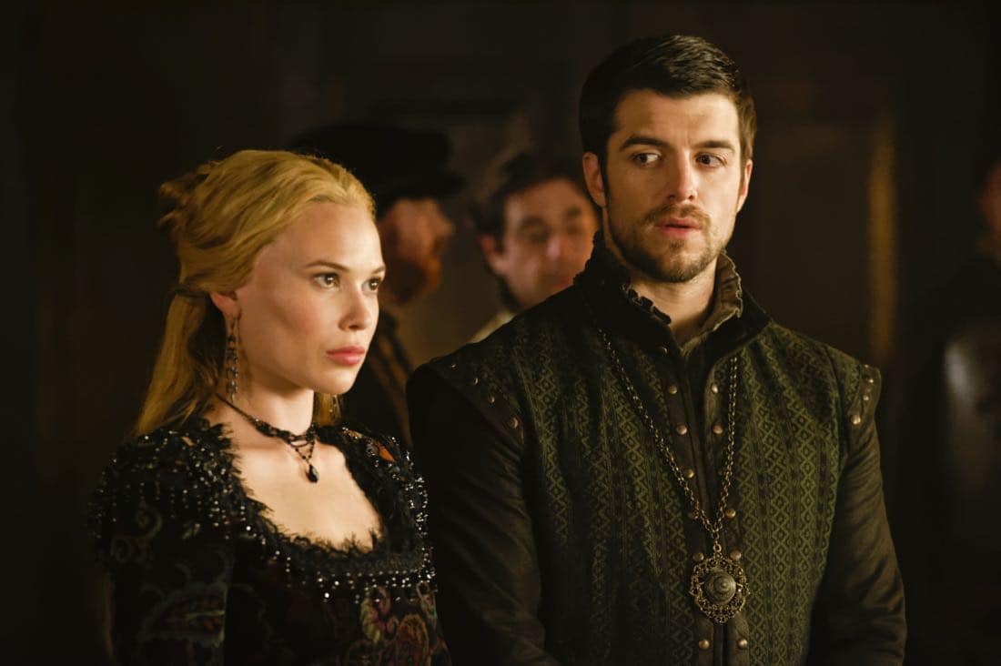 Reign -- "Leaps of Faith" -- Image Number: RE403a_0260.jpg -- Pictured (L-R) Celina Sinden as Greer and Dan Jeannotte as James -- Photo: Ben Mark Holzberg/The CW -- © 2017 The CW Network, LLC. All Rights Reserved Reign -- "Leaps of Faith" -- Image Number: RE403a_0260.jpg -- Pictured (L-R) Celina Sinden as Greer and Dan Jeannotte as James -- Photo: Ben Mark Holzberg/The CW -- © 2017 The CW Network, LLC. All Rights Reserved