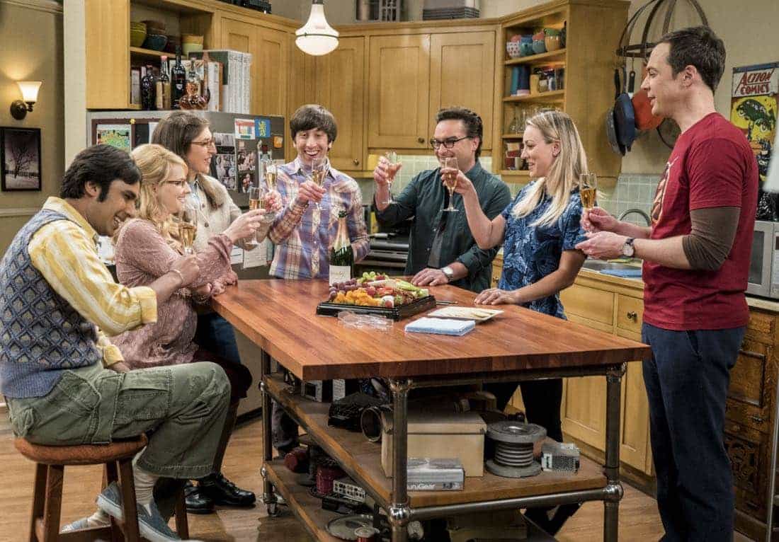 "The Gyroscopic Collapse" -- Pictured: Rajesh Koothrappali (Kunal Nayyar), Bernadette (Melissa Rauch), Amy Farrah Fowler (Mayim Bialik), Howard Wolowitz (Simon Helberg), Leonard Hofstadter (Johnny Galecki), Penny (Kaley Cuoco) and Sheldon Cooper (Jim Parsons). After Leonard, Sheldon and Wolowitz celebrate the completion of the top secret air force project, they are met with an unpleasant surprise. Also, Amy is offered a summer position as a visiting researcher, on THE BIG BANG THEORY, Thursday, May 4 (8:00-8:31 PM, ET/PT), on the CBS Television Network. Photo: Monty Brinton/CBS ÃÂ©2017 CBS Broadcasting, Inc. All Rights Reserved.