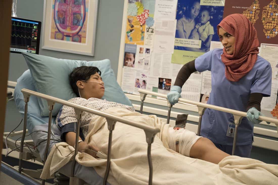 GREY'S ANATOMY - "You Really Got a Hold on Me" - Seattle firefighters Ben Warren and Andy Herrera head to Grey Sloan after rescuing two boys that are injured in a house fire. With one of the boys' lives literally in Andy's hands, her skills are put to the test. Meanwhile, the doctors are hard at work on their projects for the Grey Sloan Surgical Innovation Contest; and Amelia brings Tom Koracick in to consult on her and Alex's patient, on a special, TGIT Crossover Event episode of "Grey's Anatomy," THURSDAY, MARCH 1 (8:00-9:00 p.m. EST), on The ABC Television Network. (ABC/Mitch Haaseth) COBY DOUANG, SOPHIA TAYLOR ALI