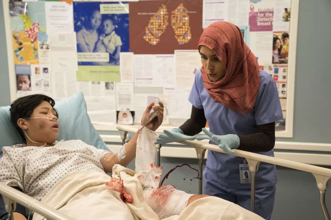 GREY'S ANATOMY - "You Really Got a Hold on Me" - Seattle firefighters Ben Warren and Andy Herrera head to Grey Sloan after rescuing two boys that are injured in a house fire. With one of the boys' lives literally in Andy's hands, her skills are put to the test. Meanwhile, the doctors are hard at work on their projects for the Grey Sloan Surgical Innovation Contest; and Amelia brings Tom Koracick in to consult on her and Alex's patient, on a special, TGIT Crossover Event episode of "Grey's Anatomy," THURSDAY, MARCH 1 (8:00-9:00 p.m. EST), on The ABC Television Network. (ABC/Mitch Haaseth) COBY DOUANG, SOPHIA TAYLOR ALI