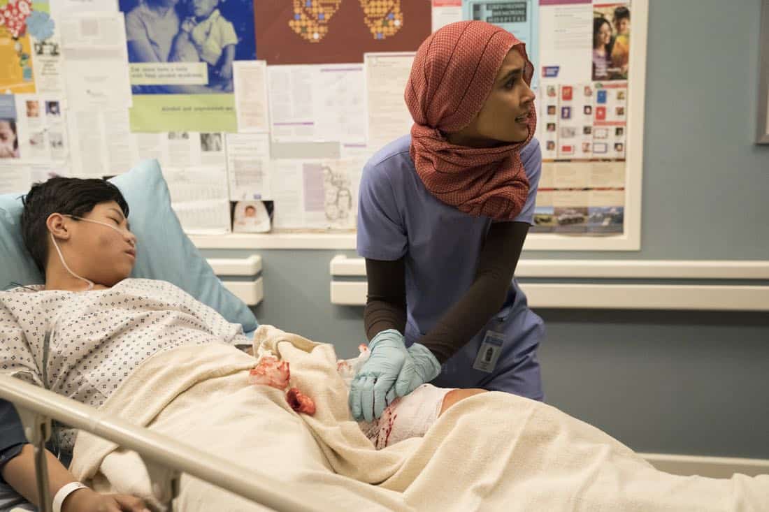 GREY'S ANATOMY - "You Really Got a Hold on Me" - Seattle firefighters Ben Warren and Andy Herrera head to Grey Sloan after rescuing two boys that are injured in a house fire. With one of the boys' lives literally in Andy's hands, her skills are put to the test. Meanwhile, the doctors are hard at work on their projects for the Grey Sloan Surgical Innovation Contest; and Amelia brings Tom Koracick in to consult on her and Alex's patient, on a special, TGIT Crossover Event episode of "Grey's Anatomy," THURSDAY, MARCH 1 (8:00-9:00 p.m. EST), on The ABC Television Network. (ABC/Mitch Haaseth) COBY DOUANG, SOPHIA TAYLOR ALI