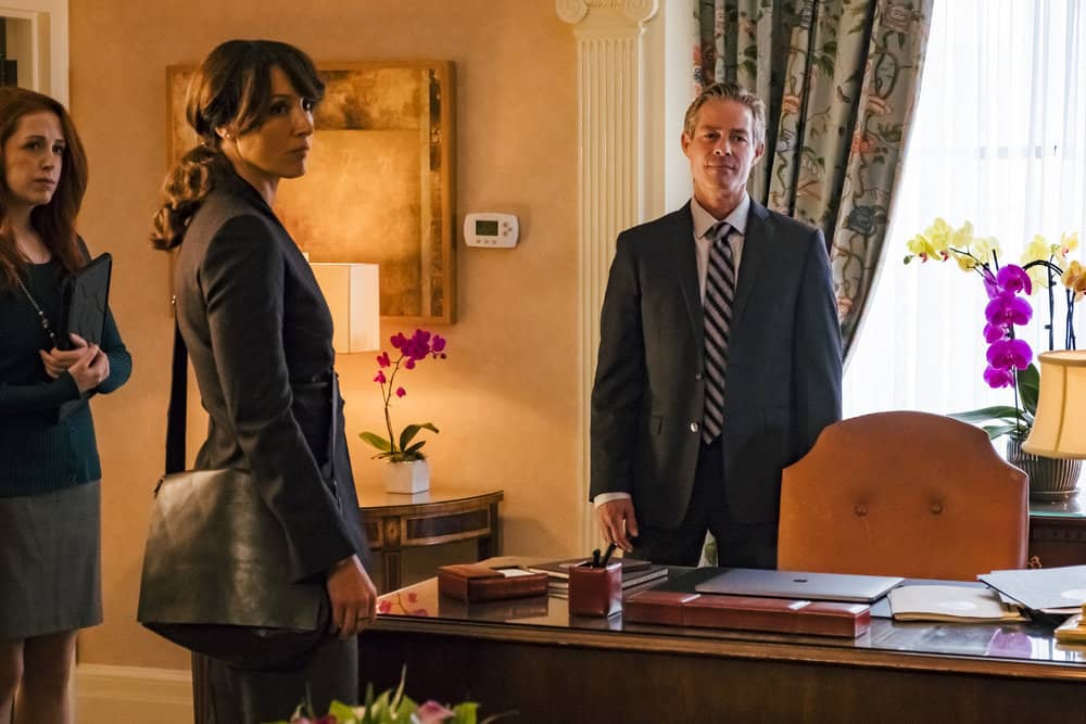 TAKEN -- "Charm School" Episode 206 -- Pictured: (l-r) Jennifer Beals as Christina Hart, Sebastian Spence as Senator Warren -- (Photo by Jan Thijs/NBC)