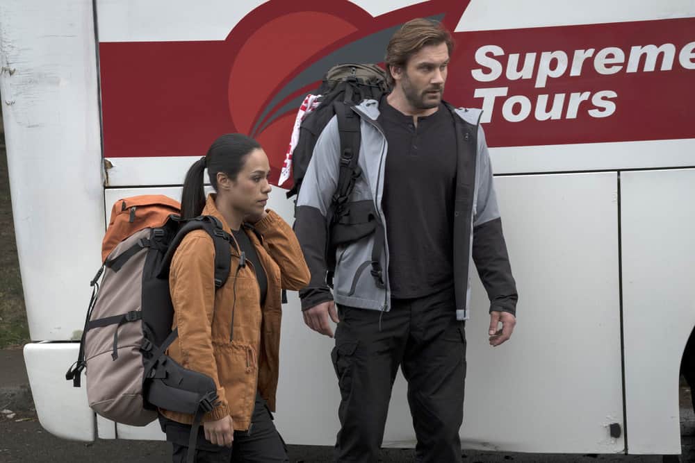 TAKEN -- "Invitation Only" Episode 207 -- Pictured: (l-r) Jessica Camacho as Santana, Clive Standen as Bryan Mills -- (Photo by: Panagiotis Pantazidis/NBC)