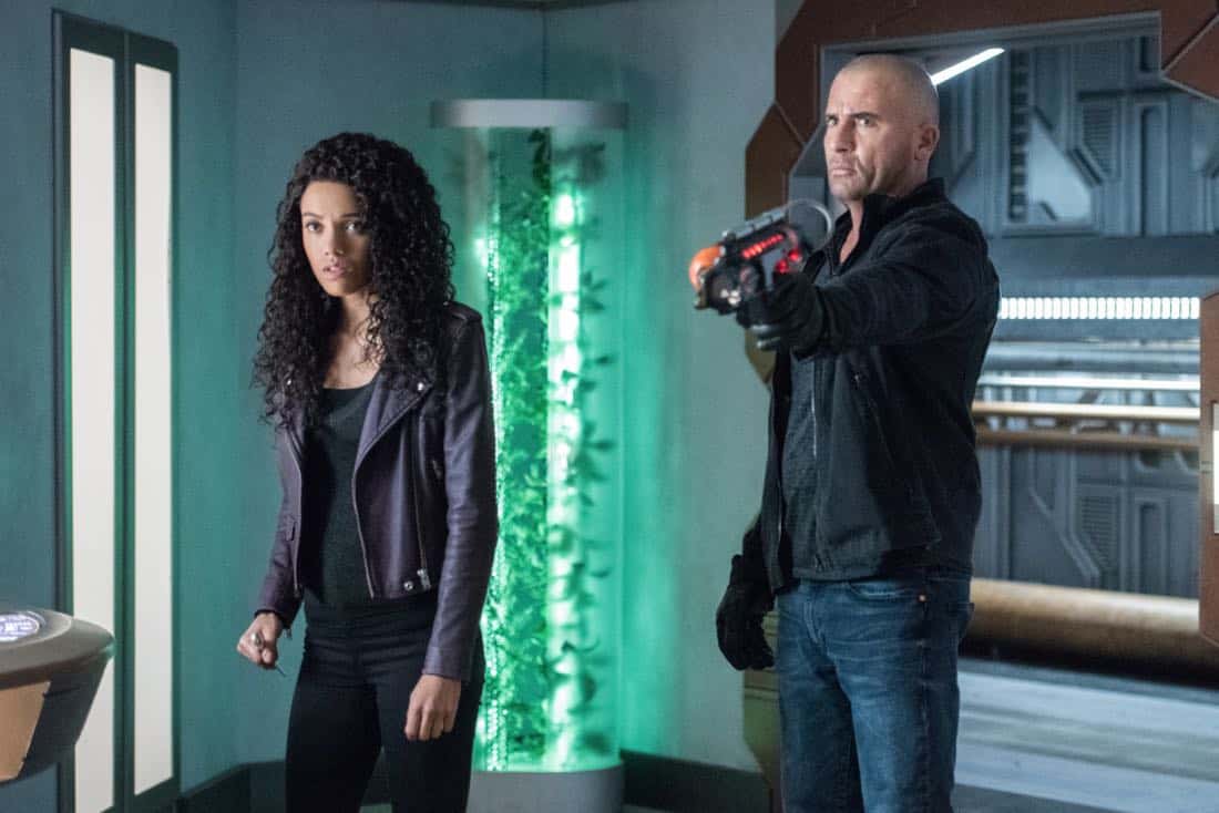 DC's Legends of Tomorrow -- "Necromancing the Stone" -- Image Number: LGN315a_0411b.jpg -- Pictured (L-R): Maisie Richardson- Sellers as Amaya Jiwe/Vixen and Dominic Purcell as Mick Rory/Heat Wave -- Photo: Dean Buscher/The CW -- é 2018 The CW Network, LLC. All Rights Reserved.