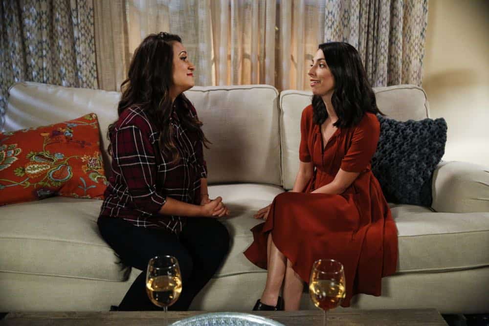 "Sitter Dating Sister Mattress" -- Jen and Greg go to great lengths to find the perfect babysitter for Lark. Also, John becomes testy when shopping for a mattress and Joan realizes the unusual source of his aggravation; Heather learns information about Samantha's boyfriend that she isn't sure she should reveal; and Matt believes he may have a history with Colleen's sister after he meets her for the first time, on LIFE IN PIECES, Thursday, April 12 (9:30-10:00 PM, ET/PT) on the CBS Television Network. Pictured: Angelique Cabral (Colleen Brandon-Ortega), Jade Catta-Preta (Rita) Photo: Cliff Lipson/CBS ÃÂ©2018 CBS Broadcasting, Inc. All Rights Reserved