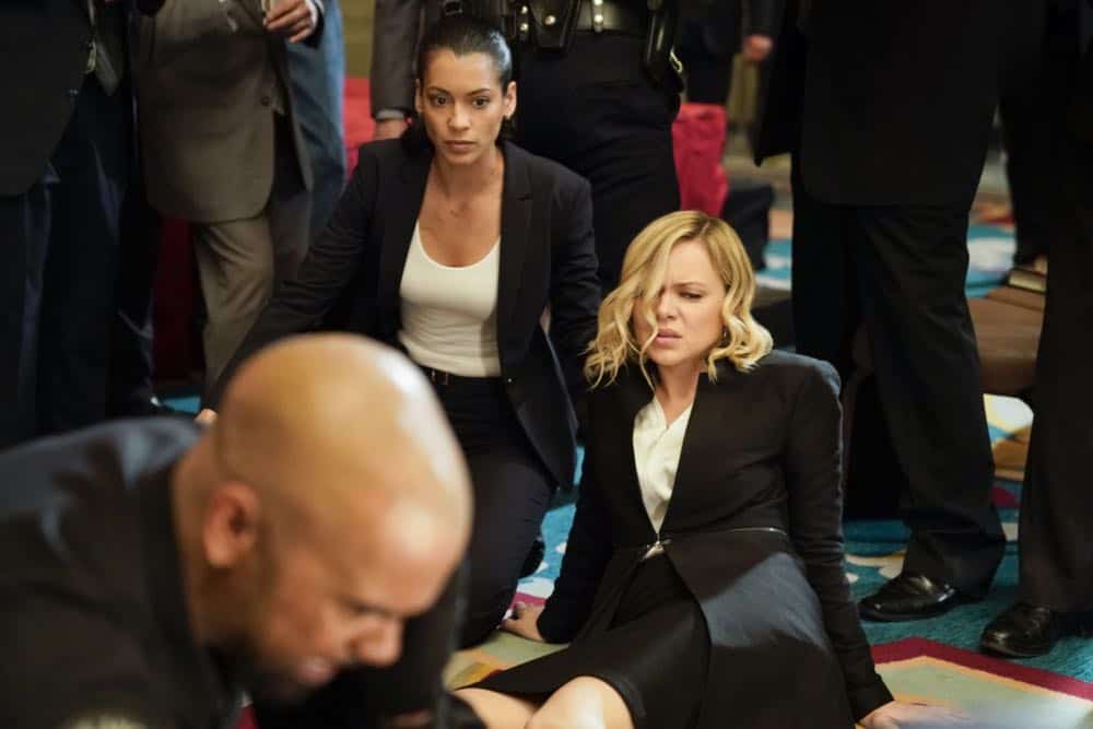 "Source" -- Jim Street debates whether or not his mother, Karen (Sherilyn Fenn), should live with him upon her prison release after Hondo and Chris warn him against it. Also, Hondo and the team are assigned to protect Irina Zemanova (Anya Monzikova), a high profile Russian journalist visiting Los Angeles, from being assassinated, on S.W.A.T., Thursday, April 26 (10:00-11:00, ET/PT) on the CBS Television Network. Pictured Left to right: Stephanie Sigman as Jessica Cortez and Anya Monzikova as Irina Zemanova. Photo: Erik Voake/CBS. ÃÂ©2018 CBS Broadcasting, Inc. All Rights Reserved