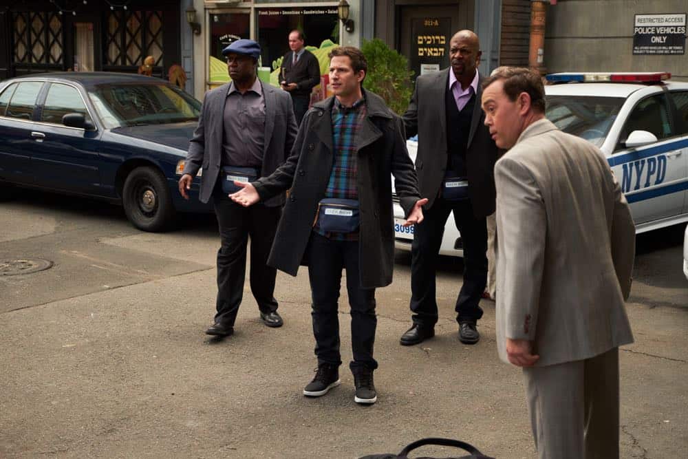 BROOKLYN NINE-NINE: L-R: Andre Braugher, Andy Samberg, Terry crews and Joe Lo Truglio in the “Bachelor/ette Party” episode of BROOKLYN NINE-NINE airing Sunday, April 29 (8:30-9:00 PM ET/PT) on FOX. CR: FOX