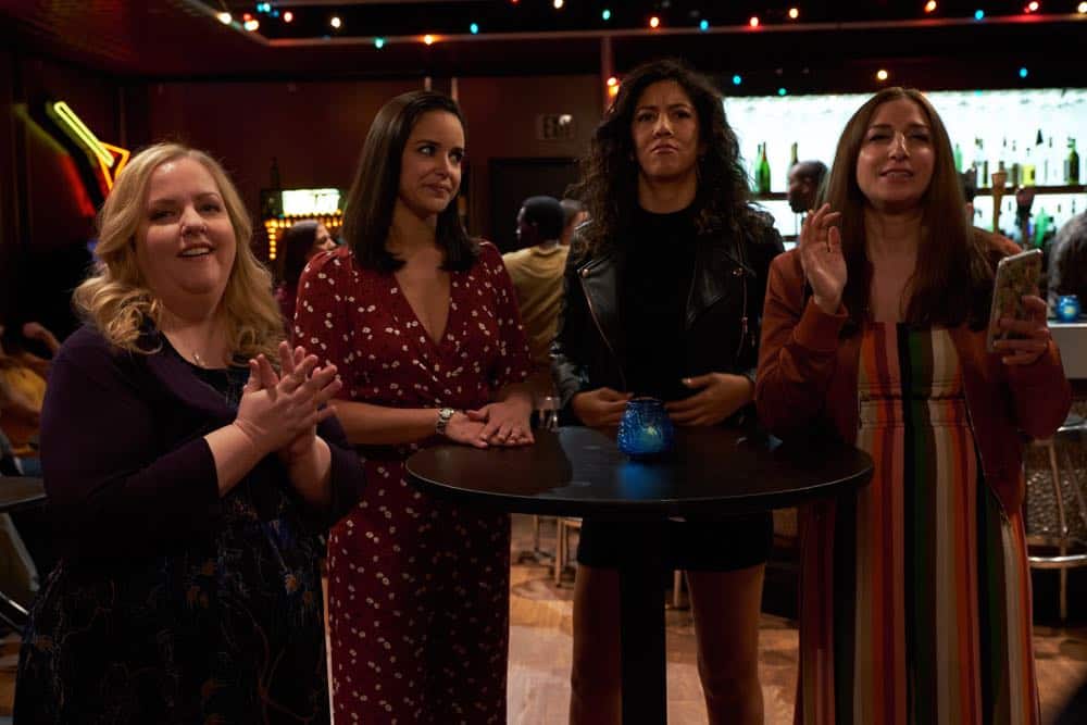BROOKLYN NINE-NINE: L-R: Guest star Sarah Baker, Melissa Fumero, Stephanie Beatriz and Chelsea Peretti in the “Bachelor/ette Party” episode of BROOKLYN NINE-NINE airing Sunday, April 29 (8:30-9:00 PM ET/PT) on FOX. CR: FOX