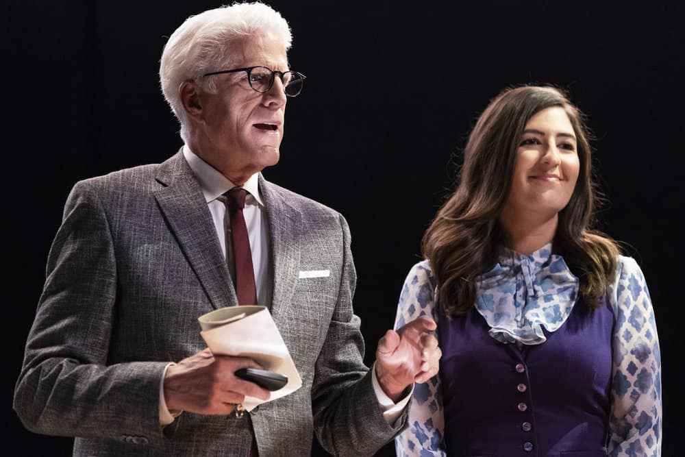 THE GOOD PLACE -- "Everything is Bronzer! Pt. 2" Episode 302 -- Pictured: (l-r) Ted Danson as Michael, D'Arcy Carden as Janet -- (Photo by: Justin Lubin/NBC)