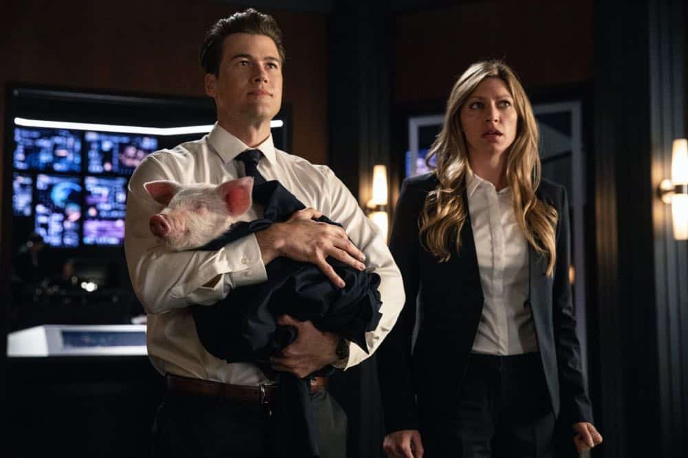 DC's Legends of Tomorrow -- "Witch Hunt" -- Image Number: LGN402a_0059b.jpg -- Pictured (L-R): Nick Zano as Nate Heywood/Steel and Jes Macallan as Ava Sharpe -- Photo: Jack Rowand/The CW -- é 2018 The CW Network, LLC. All Rights Reserved.