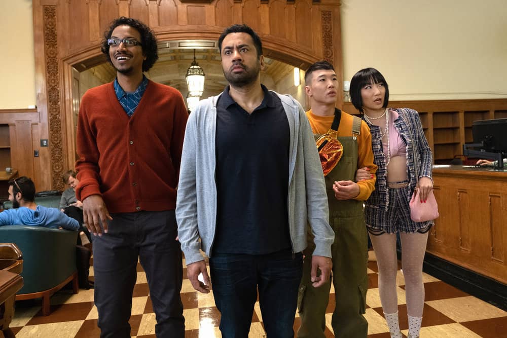 SUNNYSIDE -- "Pilot" Episode -- Pictured: (l-r) Samba Schutte as Hakim, Kal Penn as Garrett, Joel Kim Booster as Jun Ho, Poppy Liu as Mei Lin -- (Photo by: Colleen Hayes/NBC) SUNNYSIDE -- "Pilot" Episode -- Pictured: (l-r) Samba Schutte as Hakim, Kal Penn as Garrett, Joel Kim Booster as Jun Ho, Poppy Liu as Mei Lin -- (Photo by: Colleen Hayes/NBC)