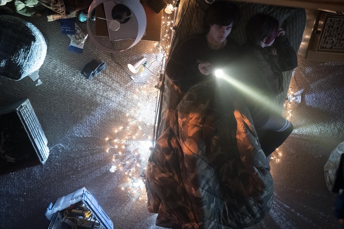 Monsterland -- "Eugene, OR" -- Episode 102 -- A lonely teen encounters an unwelcome guest. Nick (Charlie Tahan) and Finalgirl (Nadia Alexander), shown. (Photo by: Barbara Nitke/Hulu)