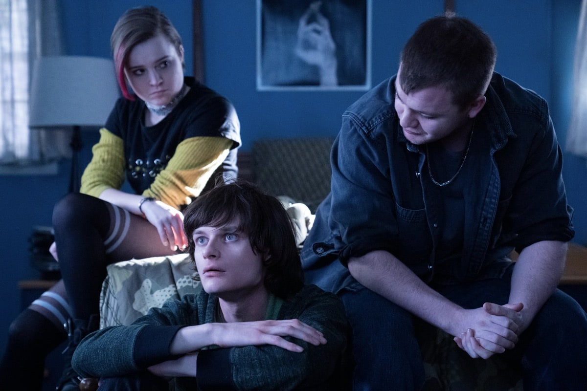 Monsterland -- "Eugene, OR" -- Episode 102 -- A lonely teen encounters an unwelcome guest. Finalgirl (Nadia Alexander), Nick (Charlie Tahan), and Dagr (Jack DiFalco), shown. (Photo by: Barbara Nitke/Hulu)